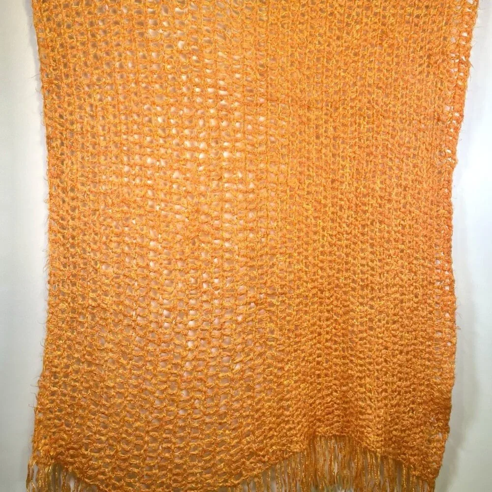 Vintage Handmade Orange Open-Weave Fringe Throw Retro Accent Blanket MCM Boho